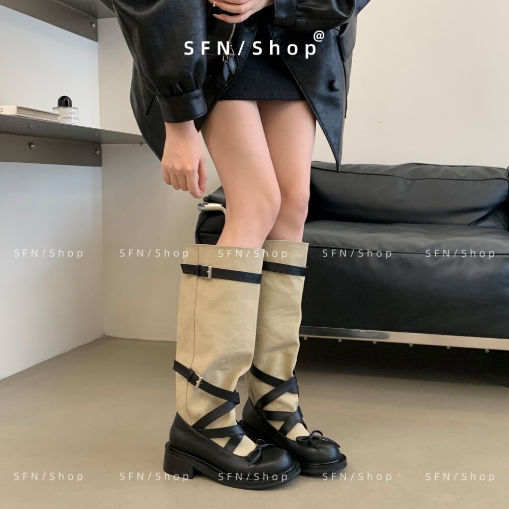 韩版圆头绑带厚底长筒骑士靴女