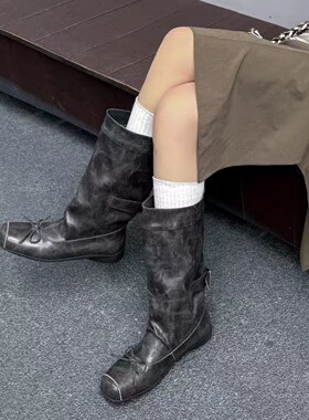 韩版中筒靴蝴蝶结复古方头长靴女