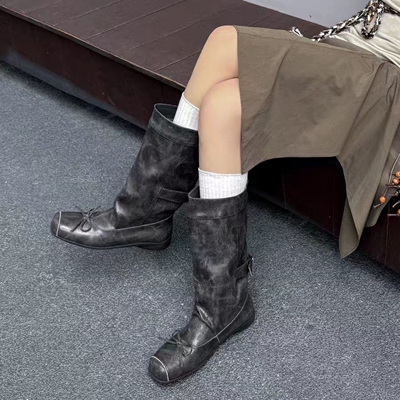 韩版中筒靴蝴蝶结复古方头长靴女