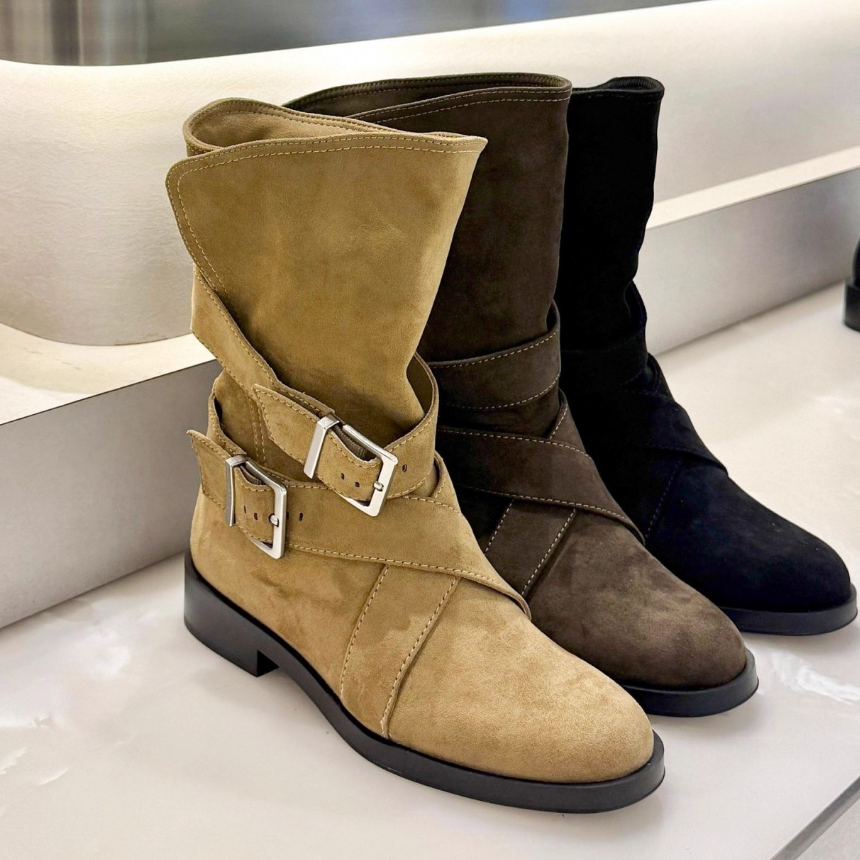 张艺凡同款~麂皮皮带扣翻折短靴