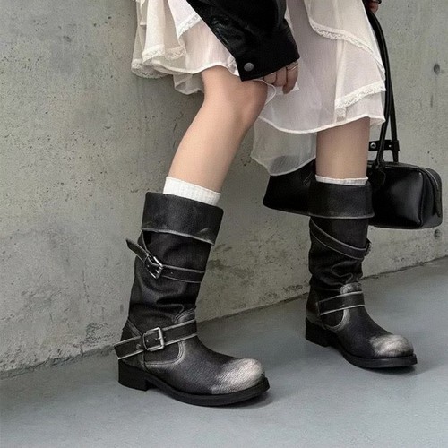 张元英同款堆堆靴中筒靴工装靴女