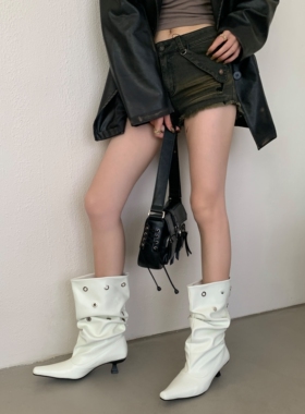 小众设计感褶皱堆堆靴女宽筒尖头细跟短靴辣妹中筒靴子瘦瘦骑士靴