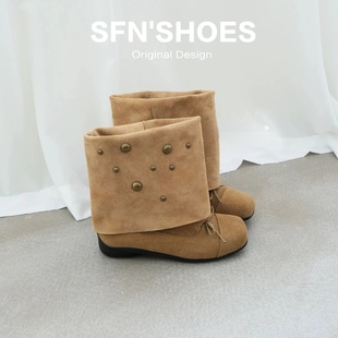 韩版 靴子 两穿真皮平底短靴女复古美拉德铆钉蝴蝶结褶皱堆堆靴短款