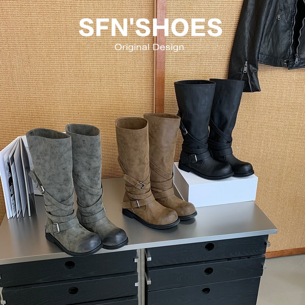 SFN女鞋~韩版复古皮带扣骑士靴女
