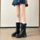 巴黎毒液靴 复古皮带扣机车短靴增高中筒靴 真皮厚底马丁靴女新款