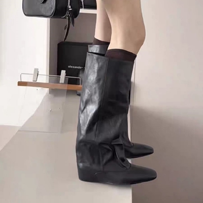 真皮长筒靴女不过膝方头骑士靴女