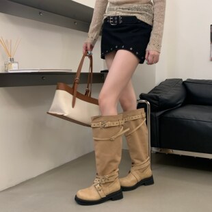 韩版皮带扣骑士靴女韩国厚底堆堆靴宽松大头靴褶皱不过膝宽筒长靴