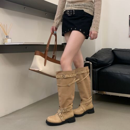 韩版皮带扣厚底堆堆骑士长靴女款