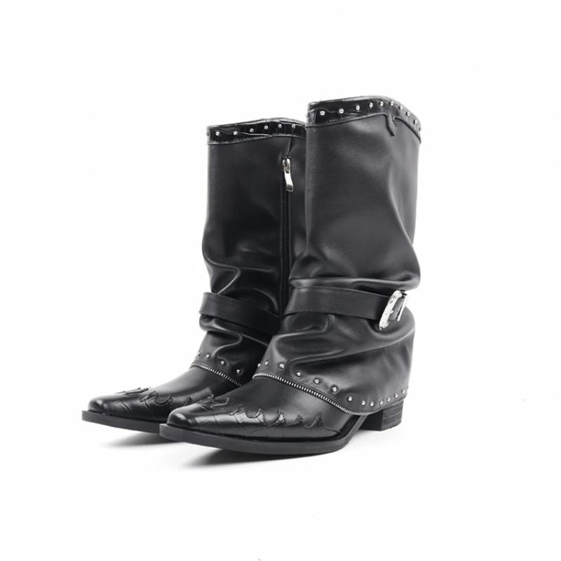 牛皮版~尖头中筒西部牛仔靴短靴