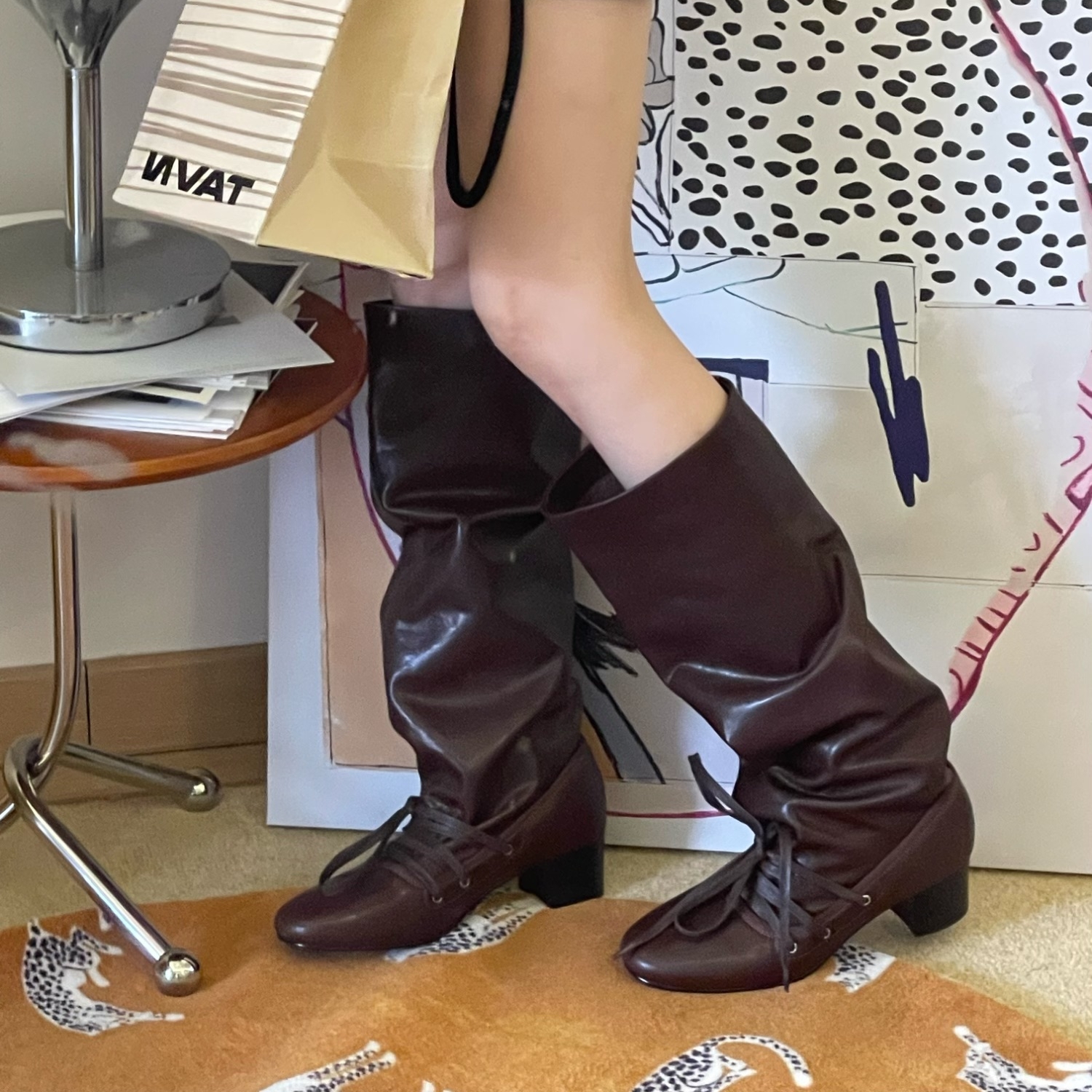 复古圆头绑带褶皱堆堆靴女真皮粗跟宽筒长筒靴子不过膝高筒骑士靴