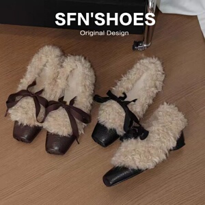 羊皮版~复古风毛毛鞋女真皮方头芭蕾小皮鞋蝴蝶结加绒玛丽珍单鞋