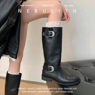 真皮宽筒厚底骑士靴女胖mm长筒靴