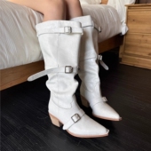 小众设计感尖头大筒围堆堆靴女白色褶皱长筒靴粗跟辣妹西部牛仔靴