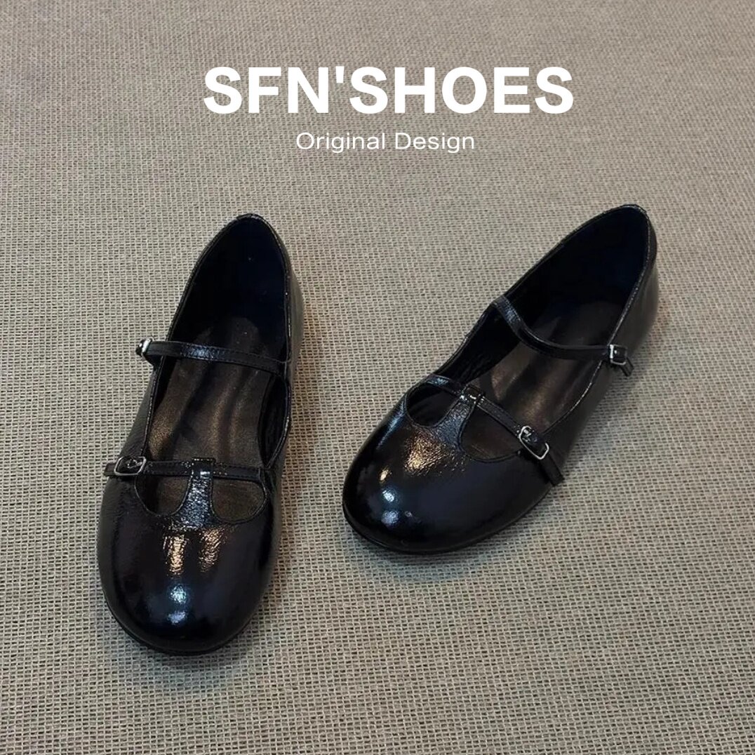 羊皮版~复古风一字扣玛丽珍鞋女圆头平底单鞋舒适软底百搭通勤鞋