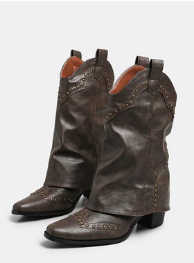 复古尖头铆钉裤管靴子女2025年新款V口西部牛仔靴粗跟显瘦长筒靴