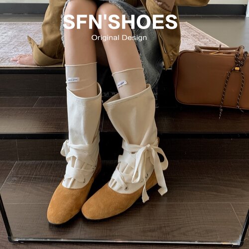 SFN女鞋~韩系松弛拼色绑带芭蕾靴