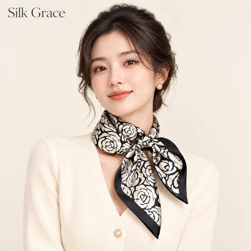 山茶花黑白桑蚕丝丝巾女春秋季新款装饰搭配衬衫围巾披肩真丝女士