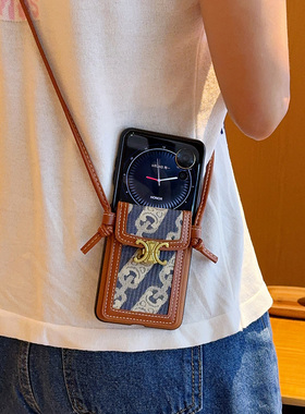 适用于小米MIXFlip2手机壳复古潮牌蓝色卡包挂绳小米mixflip2全包防摔折叠保护套xiaomimixflip2棕色皮质硬壳