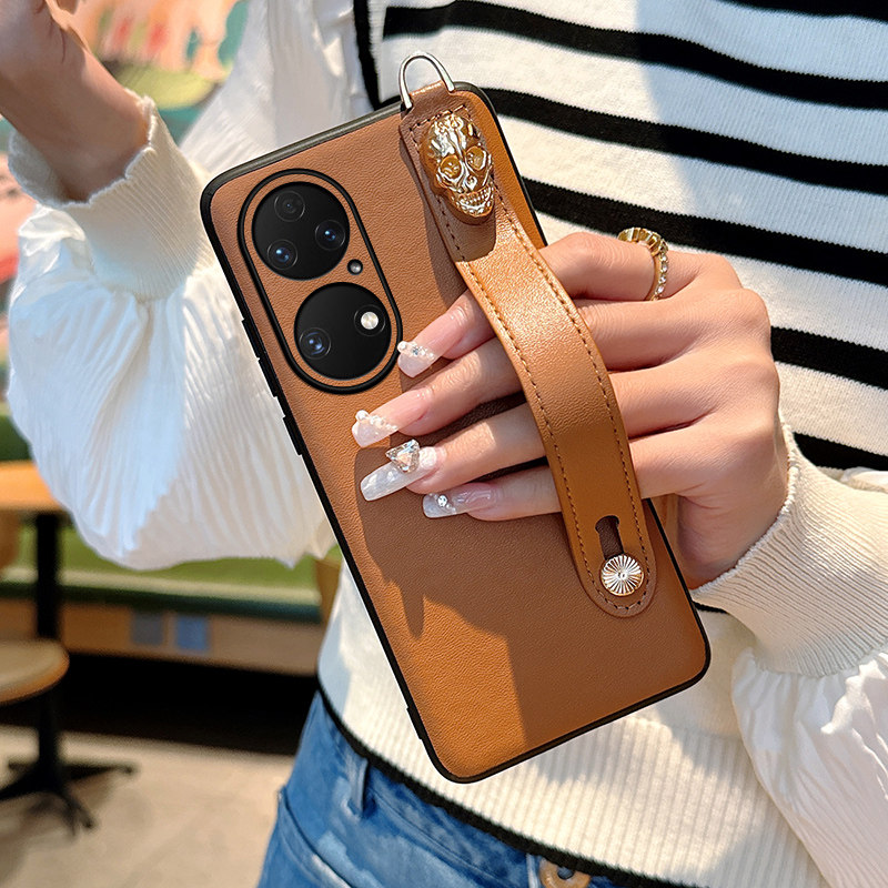 适用于华为p50pro手机壳高级感棕色腕带便携式女款华为p50全包防摔纯色硬壳保护套华为p50pro新款斜挎挂绳