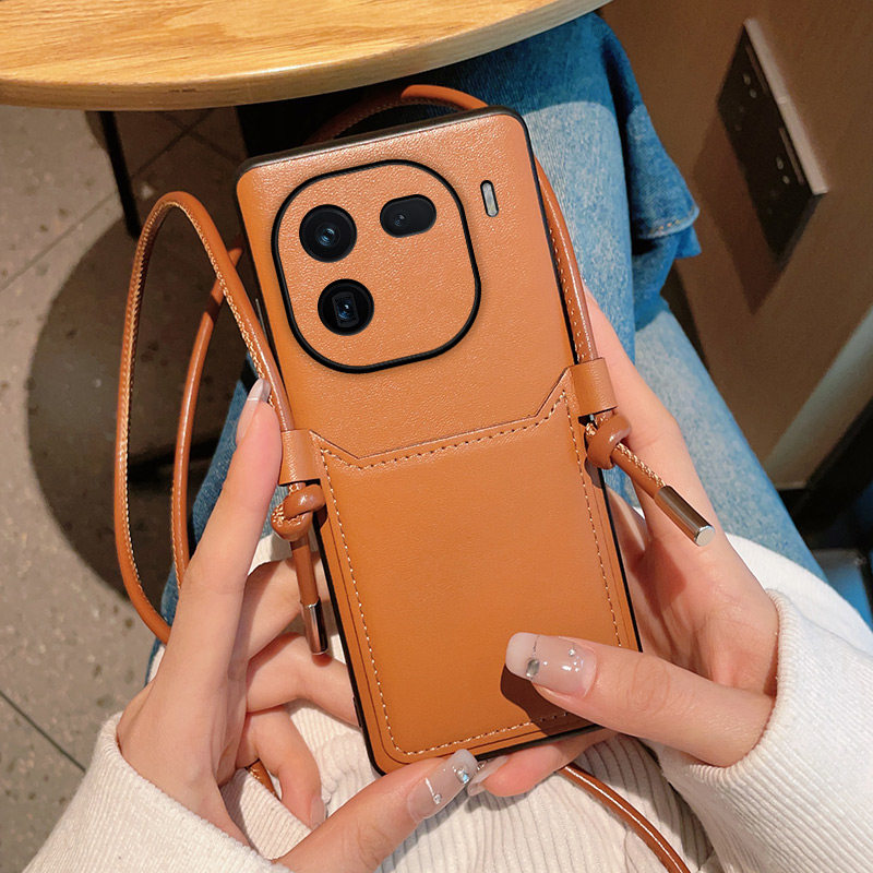 适用于vivoiqoo12pro手机壳简约高级感棕色便捷卡包斜挎带绳iQOO12轻薄防摔保护套时尚奢华商务男女潮款外壳