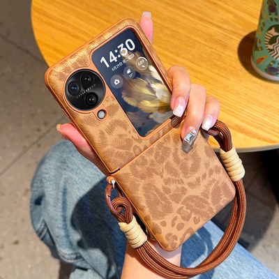 适用于OPPOFindN3Flip手机壳创意新款豹纹美拉德系棕oppofindn3flip铰链全包防摔皮质保护套手提款硬壳