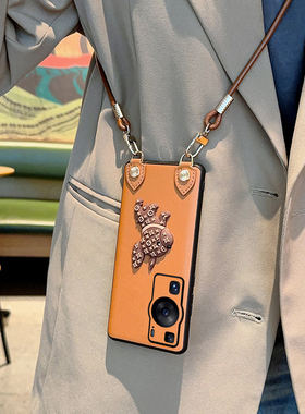 适用于华为P60Pro手机壳时尚便捷斜挎背带新款卡通狗狗华为P60棕色皮质硬壳保护套华为p600pro全包防摔皮纹壳