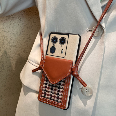 适用于摩托罗拉X50Ultra手机壳简约时尚千鸟格斜挎卡包motox50ultra轻薄防摔蚕丝纹保护套X50Ultra时尚女款