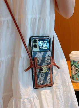 适用于华为novaFlip手机壳复古风潮牌蓝色卡包绳华为novaflip全包防摔折叠保护套novaflip创意斜挎背带皮纹壳