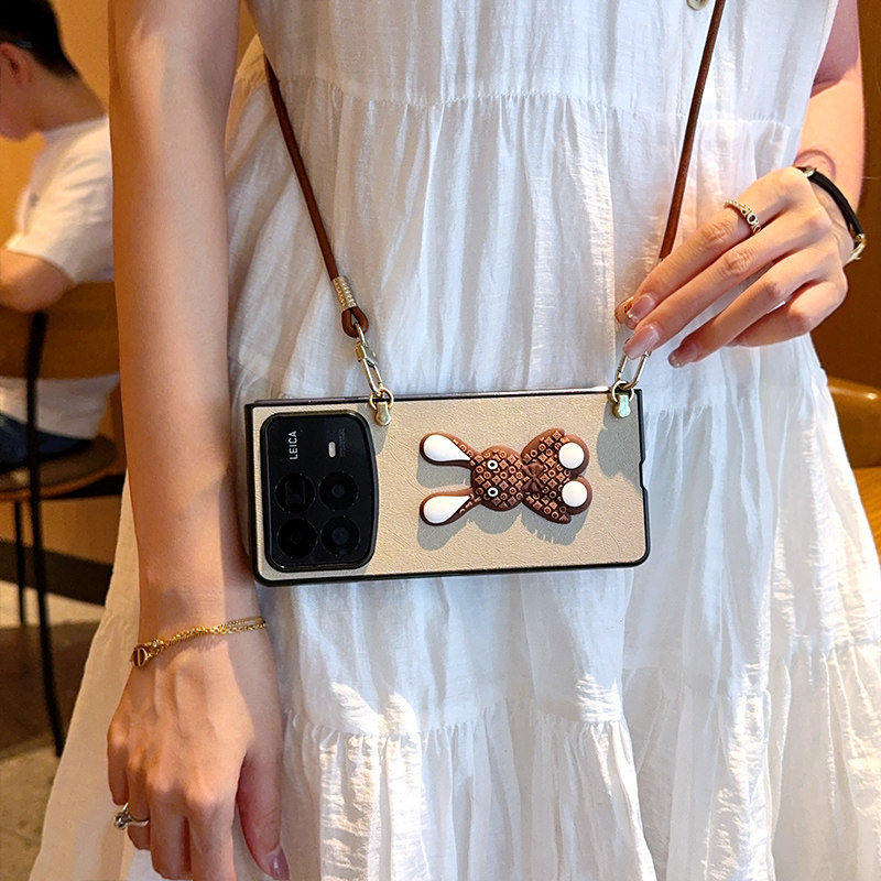 适用于小米MIXFold4手机壳创意时尚老花兔兔小米mixfold4全包防摔蚕丝纹折叠保护套MIXFold4挂绳式女款