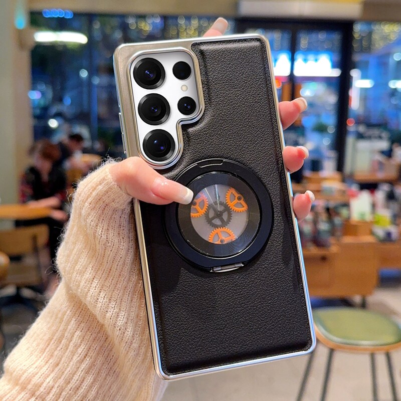 适用三星s25手机壳简约时尚高端硬壳商务皮质s25+保护套齿轮旋转支架个性磁吸S25Ultra电镀皮纹