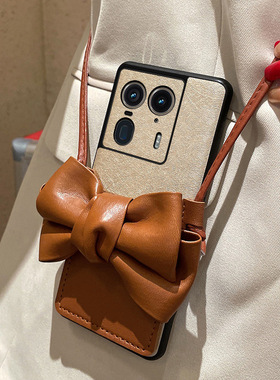 适用于摩托罗拉X50Ultra手机壳创意棕色蝴蝶结卡包motox50ultra蚕丝纹防摔保护套X50Ultra创意便捷斜挎挂绳