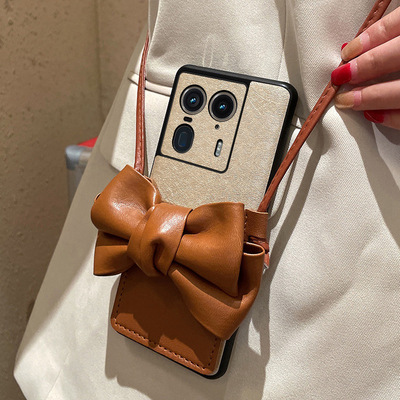 适用于摩托罗拉X50Ultra手机壳创意棕色蝴蝶结卡包motox50ultra蚕丝纹防摔保护套X50Ultra创意便捷斜挎挂绳