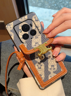 适用于荣耀magic6至臻版手机壳潮牌蓝色复古花纹仿布艺卡包civi4pro时尚便捷斜挎背带Xiaomi全包防摔保护套