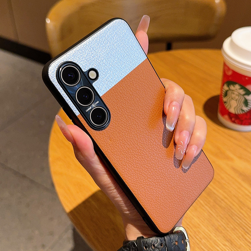 适用于三星S24手机壳简约时尚荔枝纹轻薄皮质硬壳S24+全包防摔皮纹保护套三星S24Ultra大漠拼色商务男女潮款