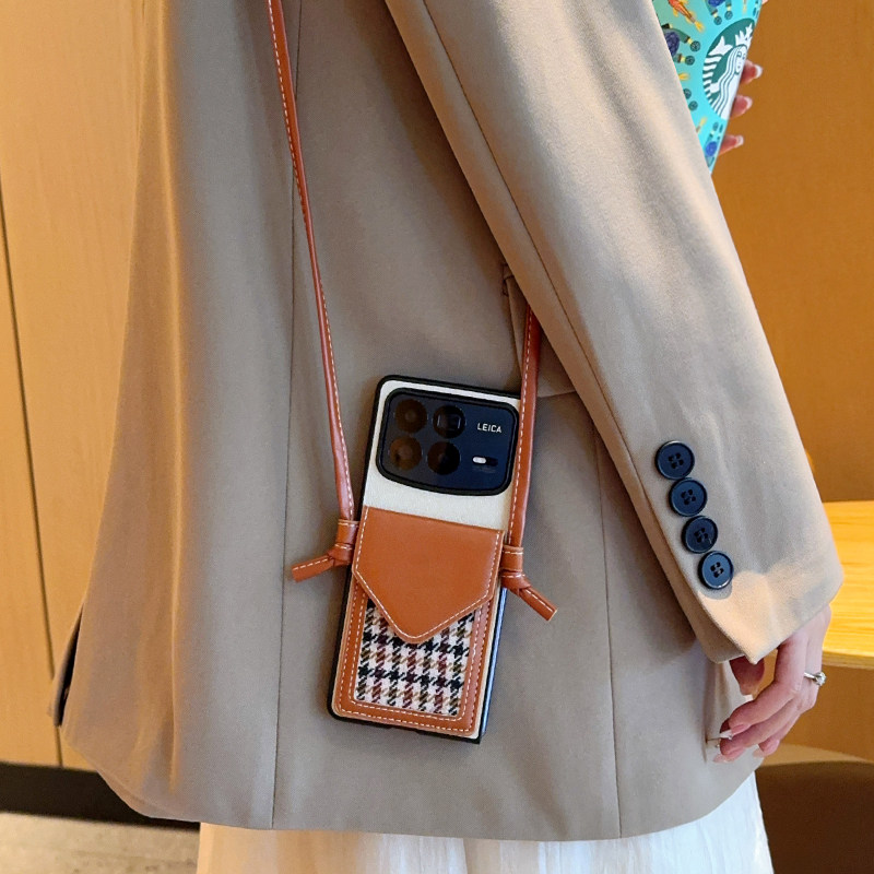 适用于小米MIXFold4手机壳千鸟格挂绳卡包小米mixfold4全包防摔折叠保护套MIXFold4潮流时尚斜挎式女潮款