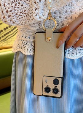 适用于摩托罗拉X50Ultra手机壳时尚便捷珍珠手提链潮款motox50ultra全包防摔蚕丝纹保护套X50Ultra闪钻指环