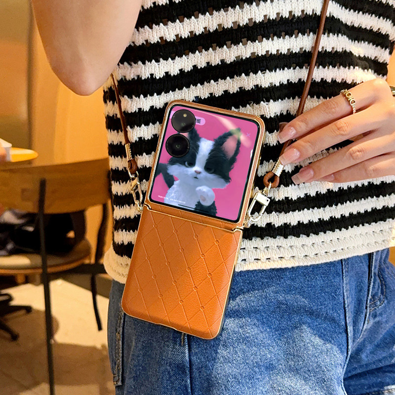 适用于小米mixflip2手机壳创意菱格棕小米mixflip折叠屏保护套新款是镀中轴全包防摔斜挎挂绳女款