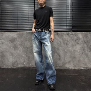 JTFS TBR牛王系列07雪花蓝线赤耳水洗做旧A字直筒版型牛仔裤长裤