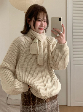 Flower & April-韩系基础百搭圆领拉链开衫保暖毛衣(配围巾)90009