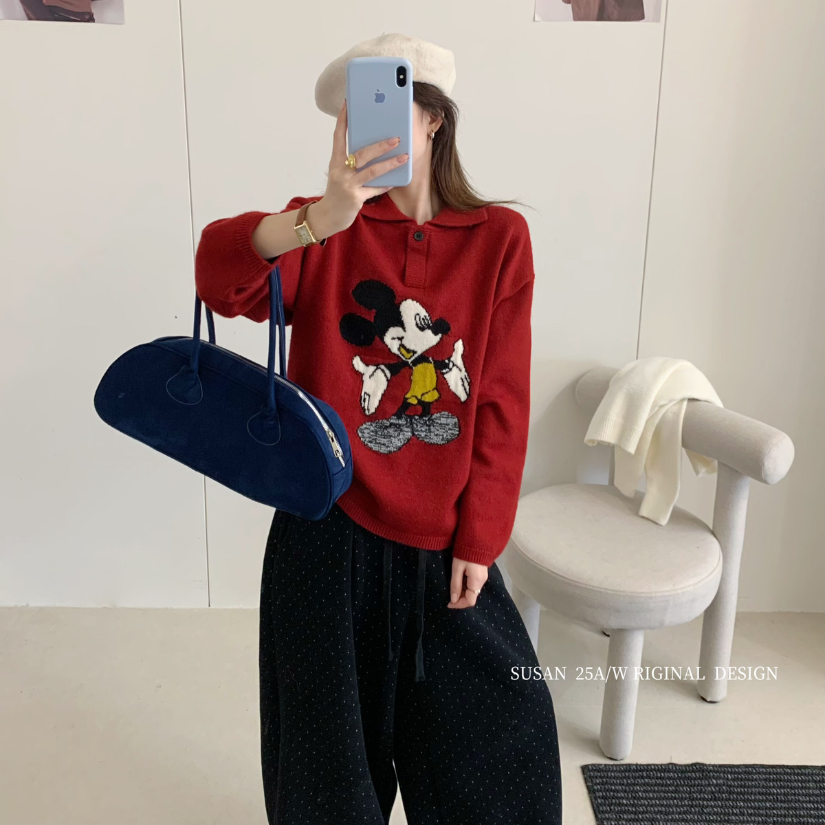 SUSAN-无法拒绝趣味米奇～韩系翻领厚实减龄卡通米奇保暖毛衣2219