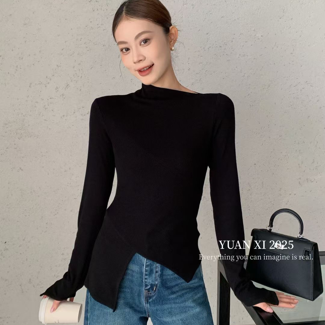 元熙-冬上新气质喇叭袖斜领磨毛加厚长袖打底衫YS1-6342