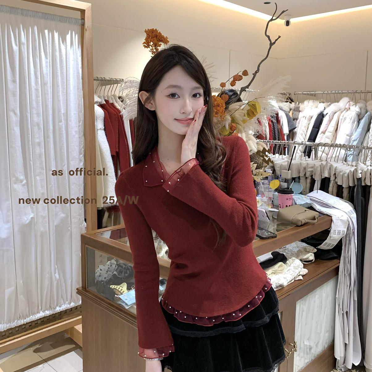 AS OFFICIAL-品位加持小撩拨·钉珠网纱拼接V领打底针织小衫15292