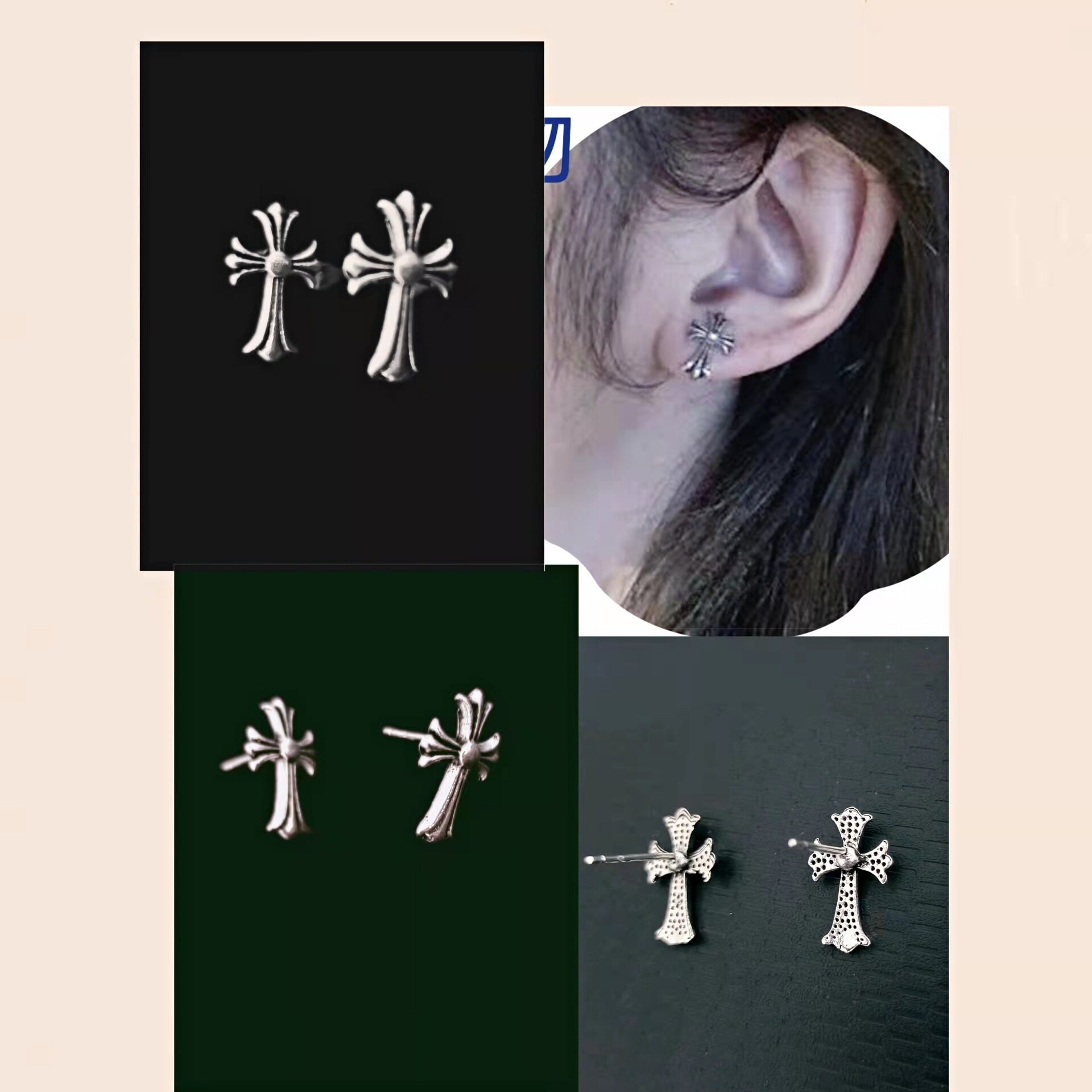 迷你k罗心耳钉十字架复古做旧明星同款朋克耳环蹦迪女潮耳骨钉酷