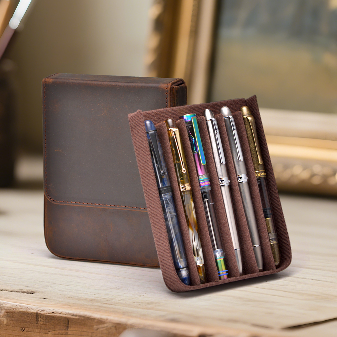 意斯华疯马皮六支装抽屉式笔袋