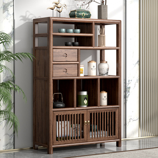 老榆木实木博古架茶室茶叶茶具架多宝阁胡桃新中式餐边柜储物柜