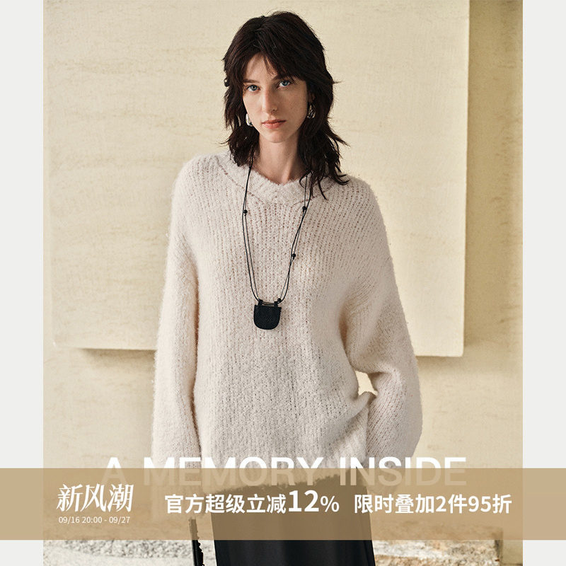 A Memory Inside重磅羊驼羊毛针织衫女上衣早秋慵懒圆领镂空毛衣