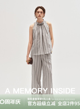 A Memory Inside日本纱线混纺亚麻手工穿珠无袖条纹背心/休闲裤女