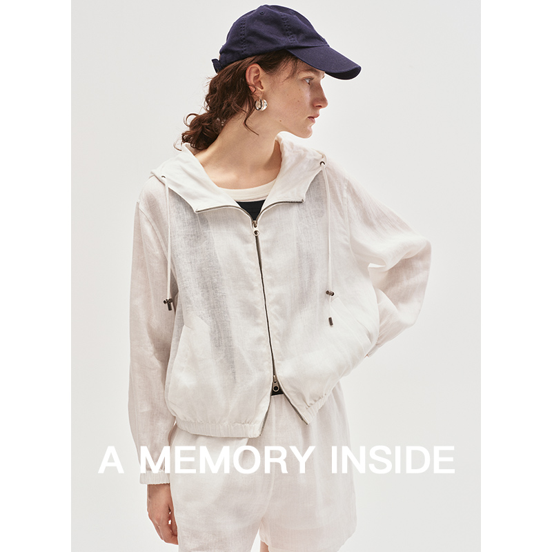 A Memory Inside高奢100%亚麻抽绳连帽短款防晒外套女夹克薄款