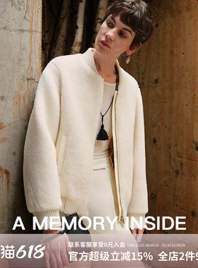 A Memory Inside100%羊羔毛白色休闲短外套女廓形百搭飞行员夹克