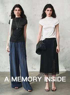 A Memory Inside显瘦整夏 醋酸修身小飞袖半高领抽褶T恤女2025新